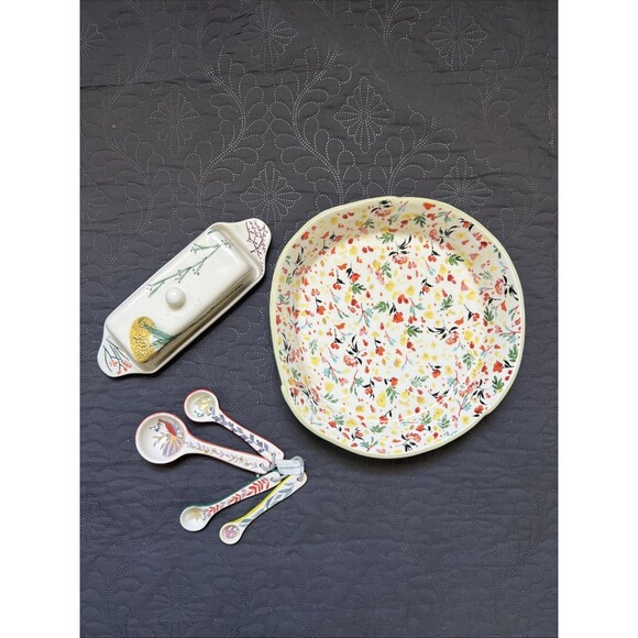 Anthropologie Butter Dish Asymmetric Bowl & Measuring Spoon 3pc Stoneware NEW